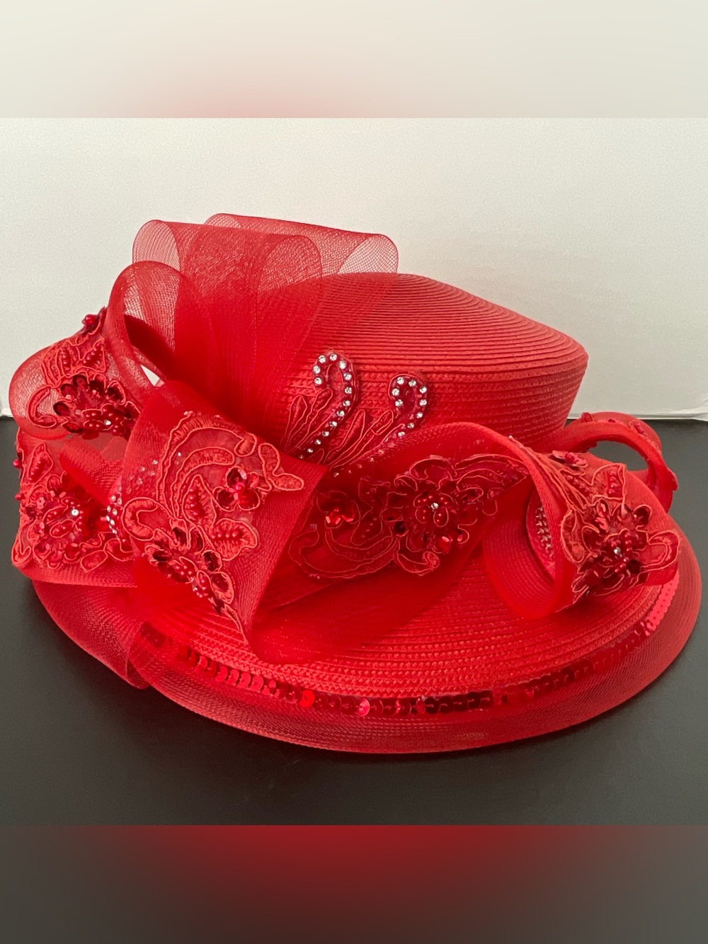Mr Hi’s Red Women’s Decorative Church Hat with Floral Accents